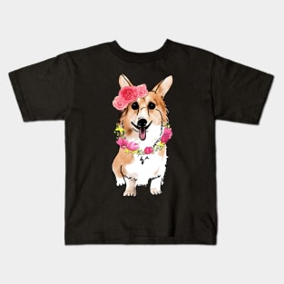 Happy Cute Corgi Dog with Roses Tulips Kids T-Shirt